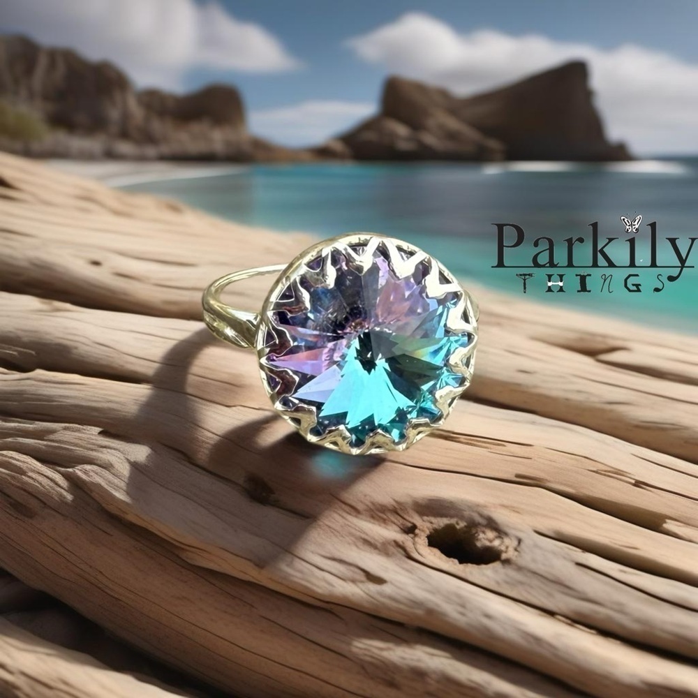 Handcrafted sparkly ring made with light vitrail Swarovski crystal size 9